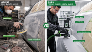 high-quality random orbital sander vs a poor-quality random orbital sander in an auto body repair workshop.